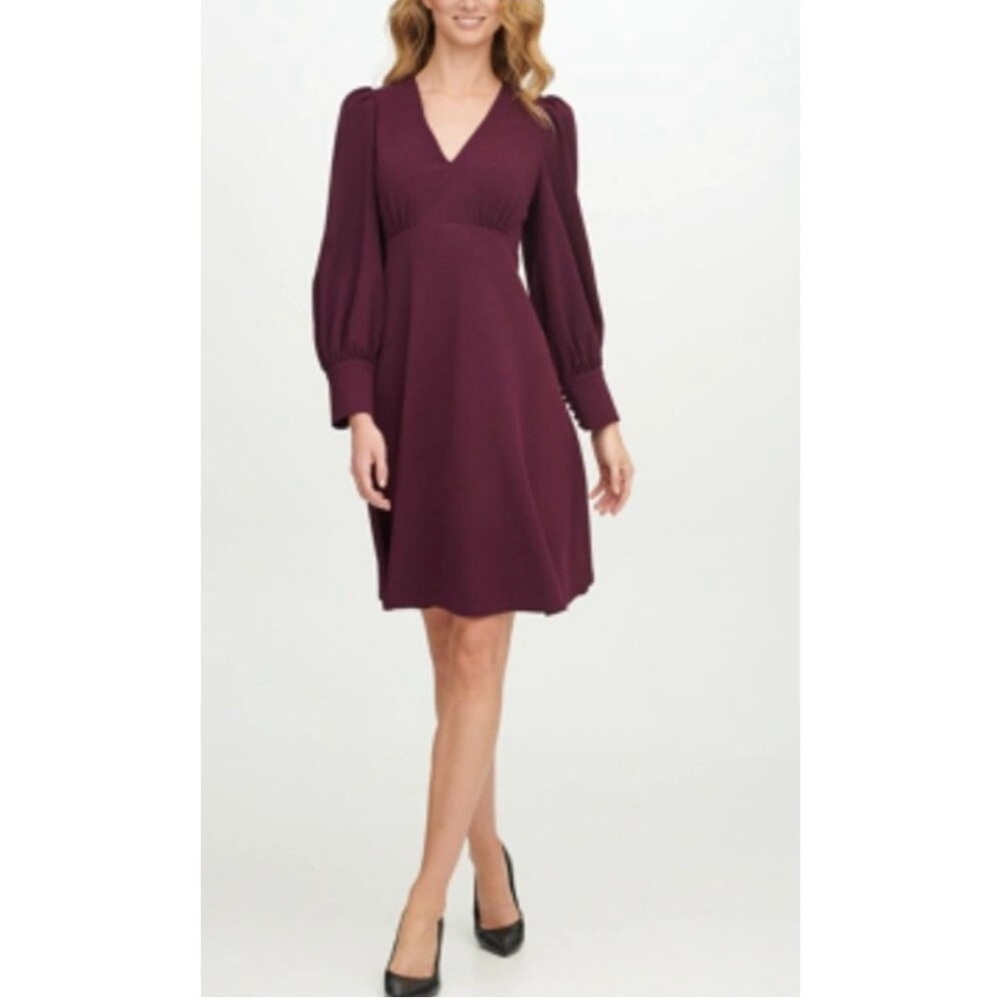 Calvin Klein Scuba Crepe V Neck A-line Midi Dress Long Sleeve Sz 16 EUC